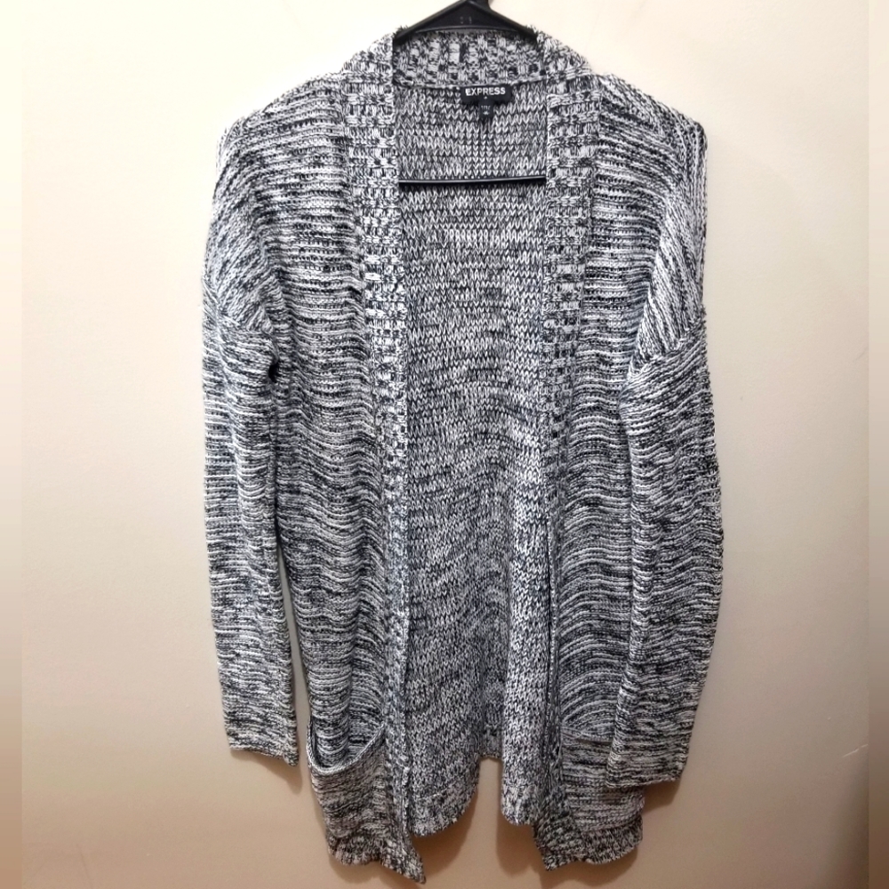 Express Black White Open Front Knit Long Sweater Office Layering Cardigan Medium